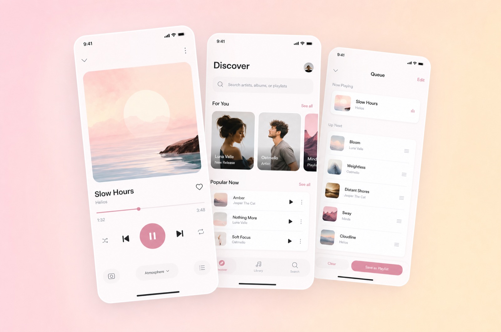 Three Wavelength phone screens — now playing, discovery, and queue — on a blush-and-peach gradient